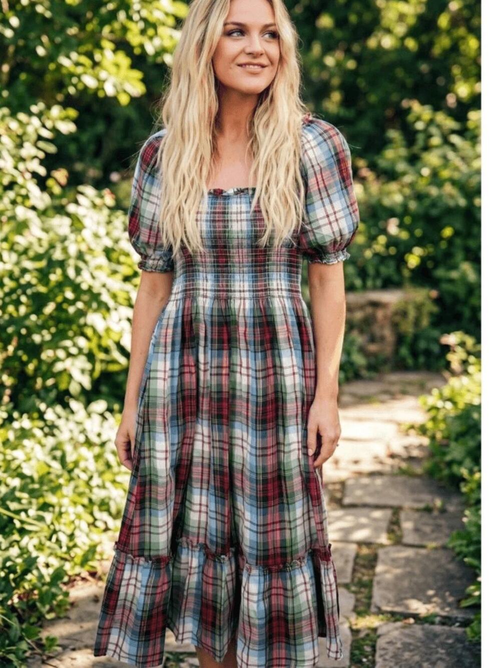 Hill House The Louisa Cotton Nap MidiDress in Ivory Red checkered Tartan size M